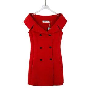 HW0076 Dior Red Wool V-neck Double Breasted Sleeveless Dress Size 38